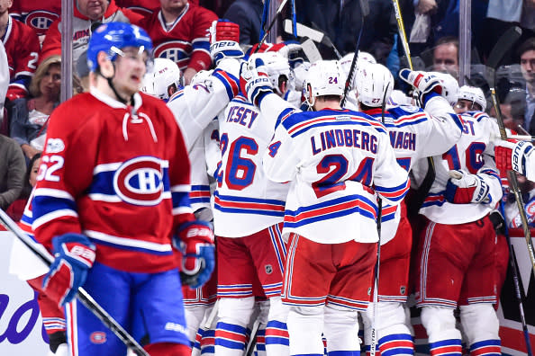 MONTREAL, QC – APRIL 20: The New York Rangers celebrate an overtime victory against the Montreal Canadiens in Game Five of the Eastern Conference First Round during the 2017 NHL Stanley Cup Playoffs at the Bell Centre on April 20, 2017 in Montreal, Quebec, Canada. The New York Rangers defeated the Montreal Canadiens 3-2 in overtime. (Photo by Minas Panagiotakis/Getty Images)