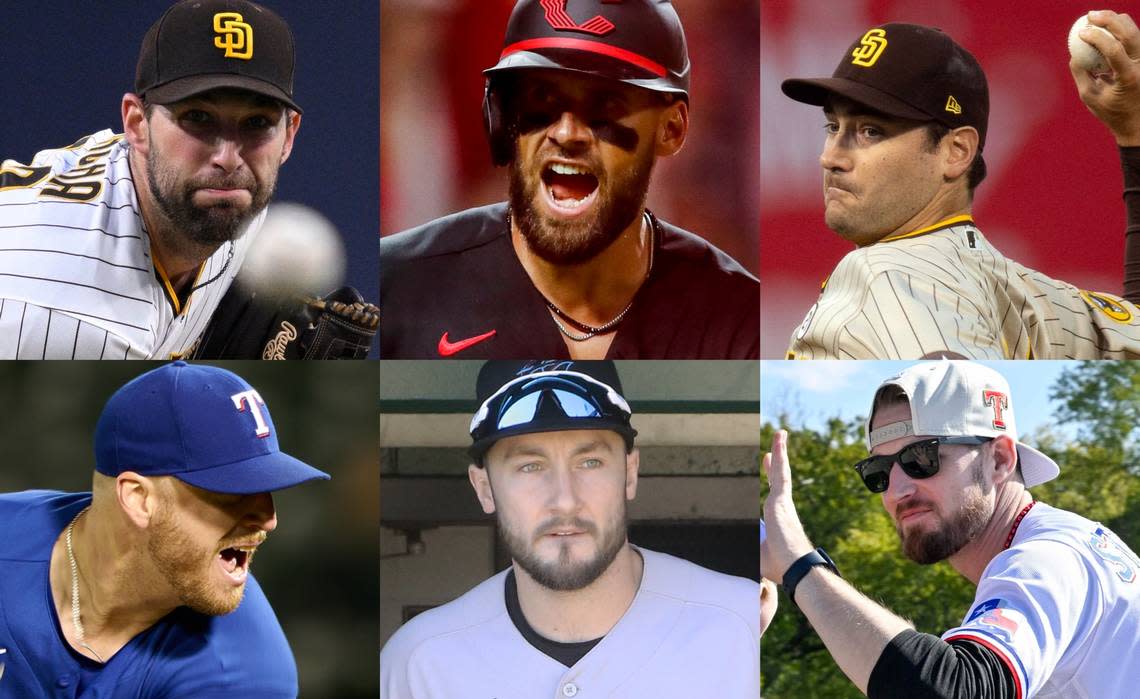 Offseason acquisitions for the Kansas City Royals include (clockwise from top left): pitcher Michael Wacha, slugger Hunter Renfroe, pitcher Seth Lugo, reliever Chris Stratton, utilityman Garrett Hampson and closer Will Smith. USA TODAY SPORTS PHOTOS