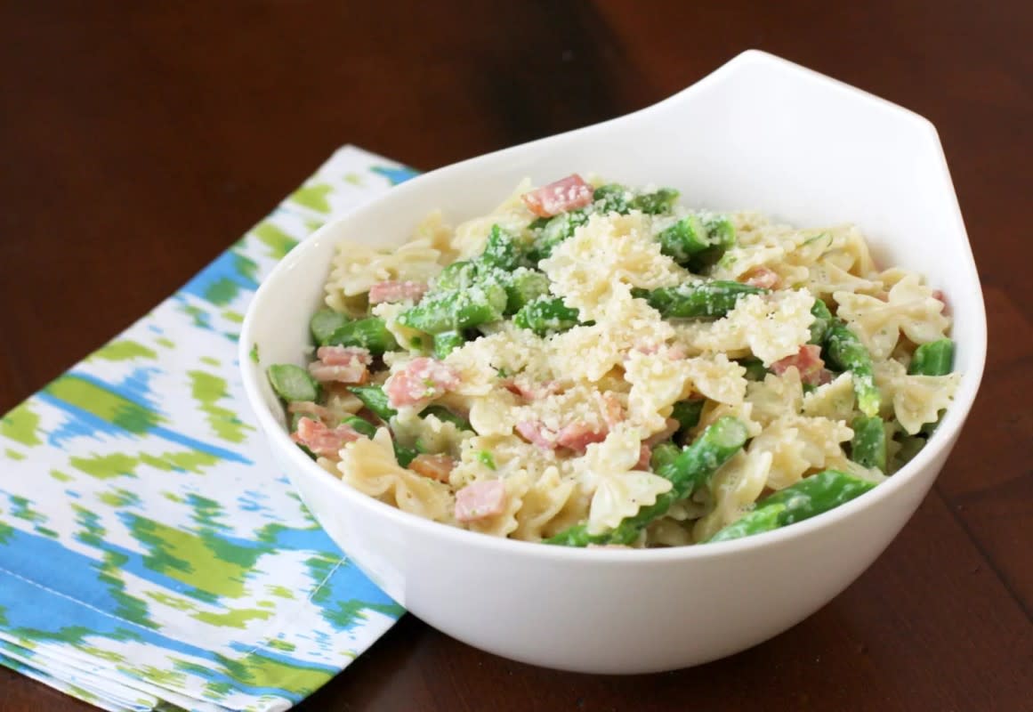 <p>The Spruce Eats</p><p>Asparagus and ham are a tasty match made in flavor heaven.</p><p><strong>Get the recipe: <a href="https://www.thespruceeats.com/creamy-pasta-with-ham-and-asparagus-3050882" rel="nofollow noopener" target="_blank" data-ylk="slk:Creamy Pasta With Ham and Asparagus;elm:context_link;itc:0;sec:content-canvas" class="link rapid-noclick-resp">Creamy Pasta With Ham and Asparagus</a></strong></p><p><strong>Related: <a href="https://parade.com/1302575/parade/asparagus-recipes/" rel="nofollow noopener" target="_blank" data-ylk="slk:57 Best Asparagus Recipes;elm:context_link;itc:0;sec:content-canvas" class="link rapid-noclick-resp">57 Best Asparagus Recipes</a></strong></p>