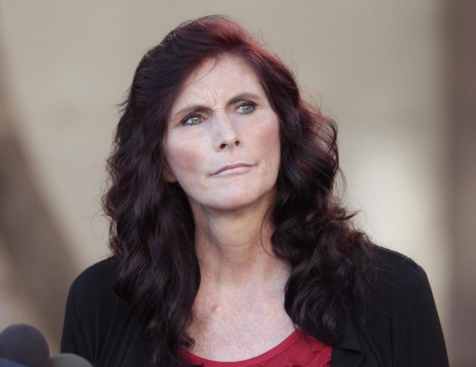 Cindy Lee Garcia, one of the actresses in "Innocence of Muslims," holds a news conference before a hearing at Los Angeles Superior Court in Los Angeles, Thursday, Sept. 20, 2012. Garcia is asking a judge to issue an injunction demanding the 14-minute trailer for "Innocence of Muslims" be pulled from YouTube. (AP Photo/Jason Redmond)