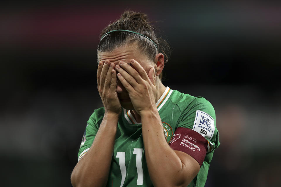 Ireland's Katie McCabe reacts after the Women's World Cup Group B soccer match between Canada and Ireland in Perth, Australia, Wednesday, July 26, 2023. Canada won the match 2-1. (AP Photo/Gary Day)