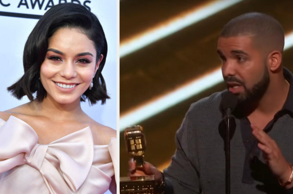 Left: Vanessa Hudgens poses at the 2017 Billboard Music Awards, right: Drake compliments Vanessa Hudgens during a speech at the 2017 Billboard Music Awards