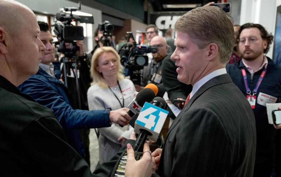 Kansas City Chiefs CEO and chairman Clark Hunt speaks to media members during a press conference detailing proposed renovations to Arrowhead Stadium.