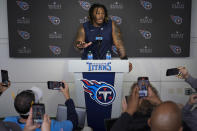 Tennessee Titans first round draft pick offensive tackle JC Latham speaks to the media after an NFL rookie minicamp football practice Friday, May 10, 2024, in Nashville, Tenn. (AP Photo/George Walker IV)