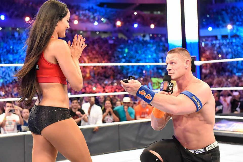 John Cena proposes to Nikki Bella on WrestleMania33 in April 2017. Source: WWE