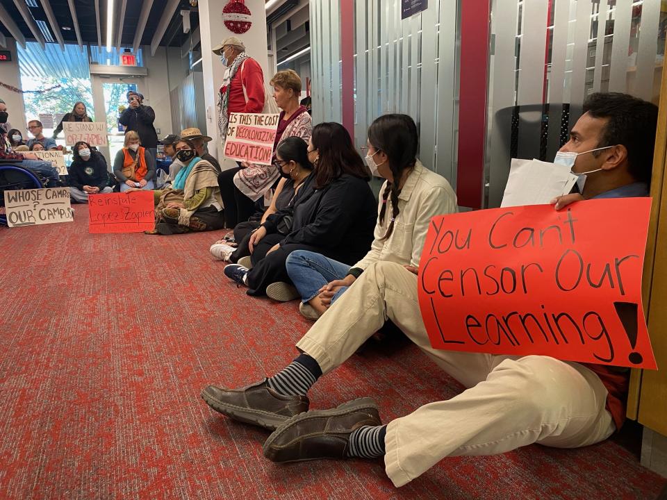 Students and faculty at the University of Arizona on Nov. 20, 2023, staged a sit-in on the Tucson campus after two professors were suspended for a series of lecture comments in which they allegedly denied Hamas is a terrorist organization.