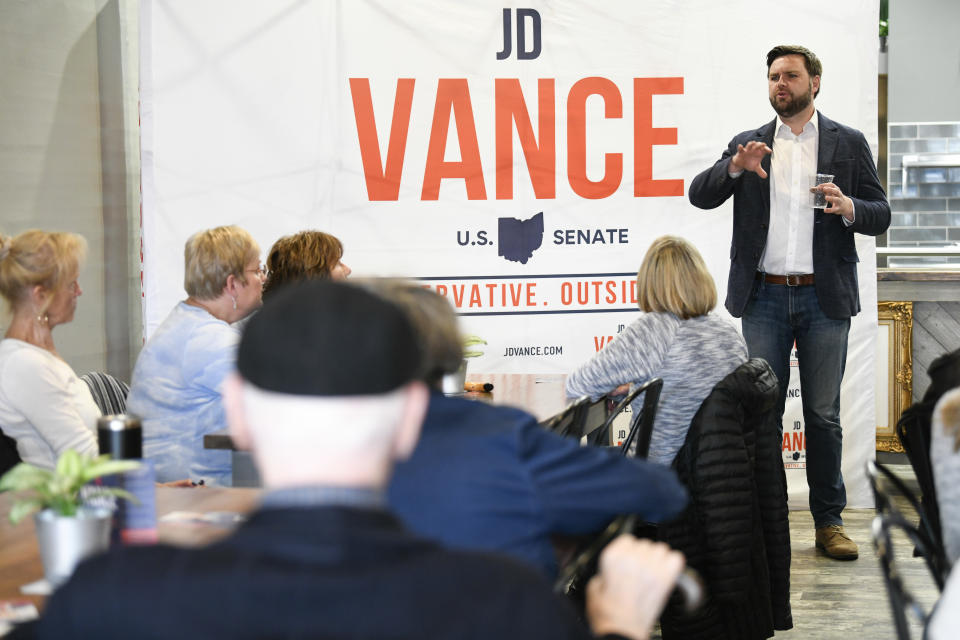 TROY, OH - APRIL 11: U.S. Senate candidate JD Vance speaks with prospective voters on the campaign trail on April 11, 2022 in Troy, Ohio. Vance, a prominent author, announced his candidacy in July 2021 to replace retiring Sen. Robert Portman (R-OH). (Photo by Gaelen Morse/Getty Images)