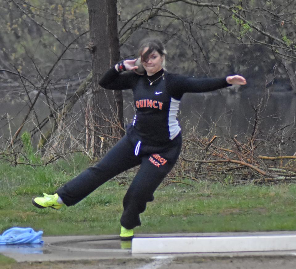 Quincy's Sophia Snellenberger brought home two regional titles from Friday's Regional event, qualifying for the state finals in both the shot put and discus