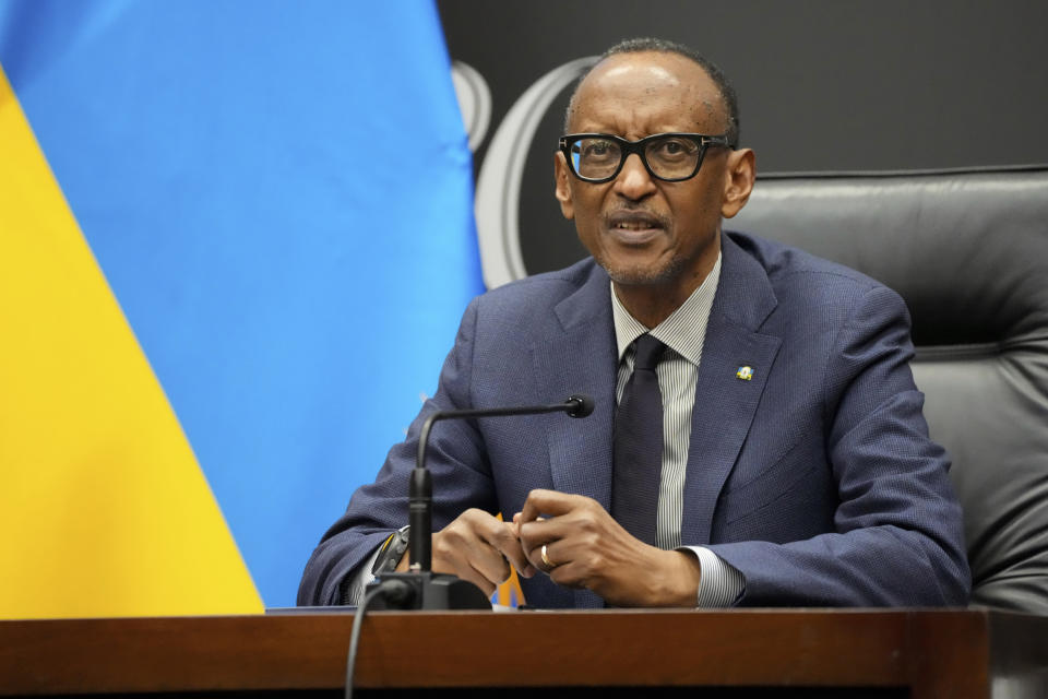 Rwanda's President Paul Kagame gives a press conference at Kigali Convention Centre in Kigali, Rwanda, Monday, April 8, 2024. Rwandans are commemorating 30 years since the genocide in which an estimated 800,000 people were killed by government-backed extremists, shattering this small east African country that continues to grapple with the horrific legacy of the massacres. (AP Photo/Brian Inganga)