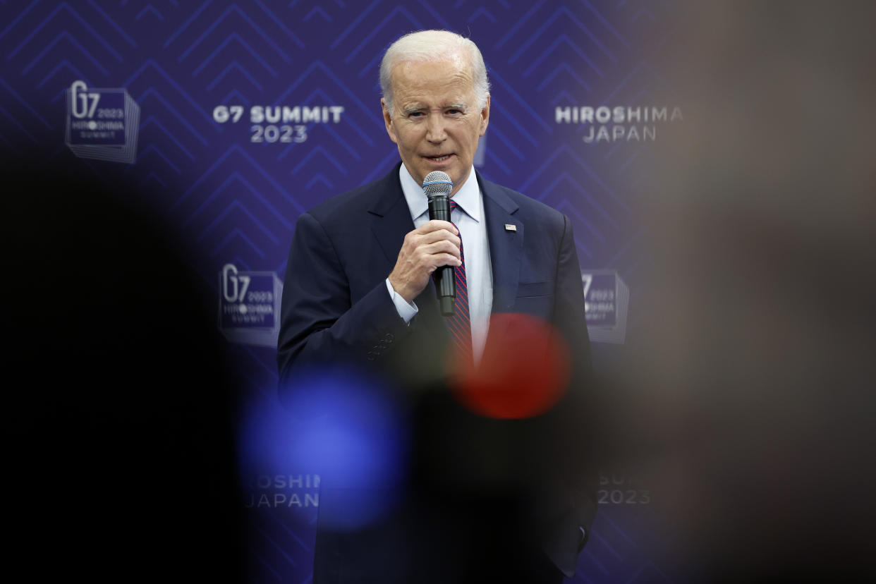 U.S. President Joe Biden speaks during a news conference following the Group of Seven (G7) leaders' summit in Hiroshima, western Japan Sunday, May 21, 2023. (Kiyoshi Ota/Pool Photo via AP)