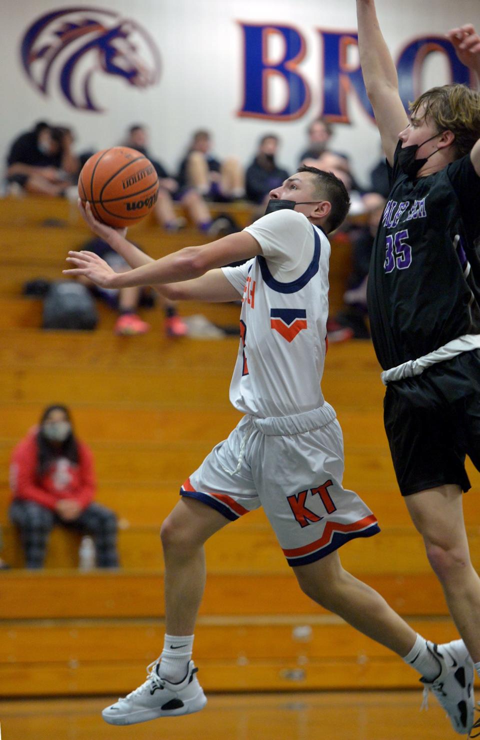 Keefe Technical High School senior David Maude drives the lane against Blackstone Valley Technical High School, Jan. 5, 2022.