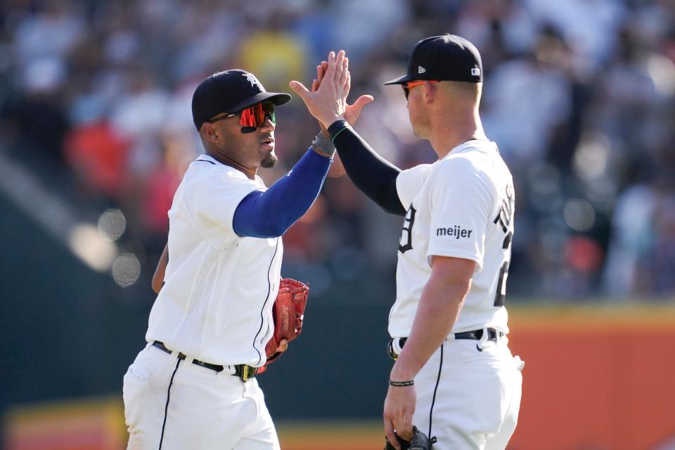 Detroit Tigers' Andy Ibanez, left, and Spencer Torkelson celebrate after a baseball game against the Cleveland Guardians at Comerica Park in Detroit on Saturday, Sept. 30, 2023.