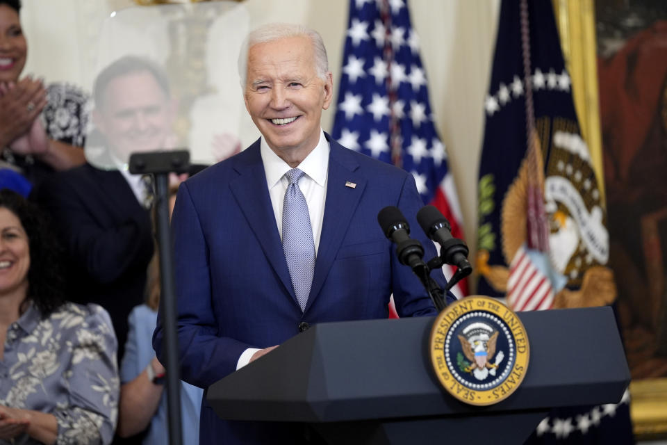 President Joe Biden speaks during an event to celebrate the 2023 WNBA champion Las Vegas Aces, in the East Room of the White House, Thursday, May 9, 2024, in Washington. (AP Photo/Evan Vucci)