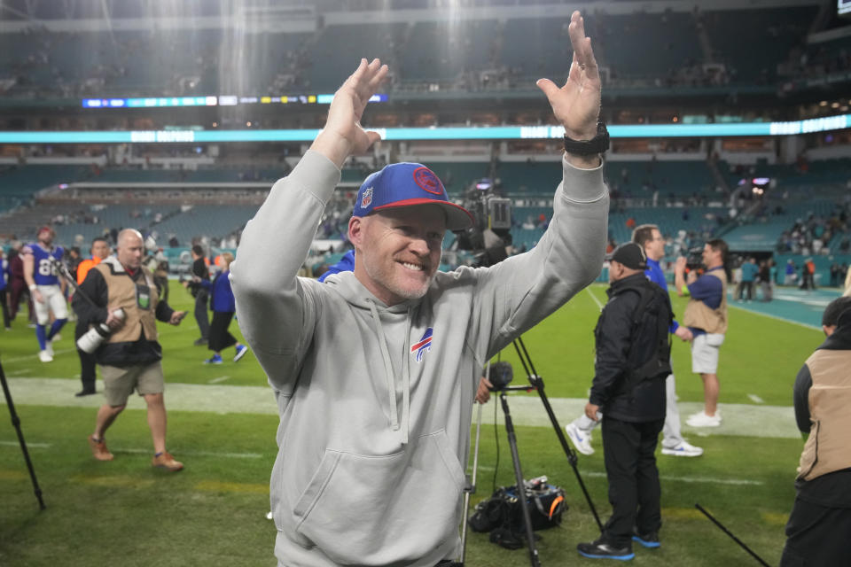 Buffalo Bills head coach Sean McDermott applauds as he leaves the field during the second half of an NFL football game against the Miami Dolphins, Sunday, Jan. 7, 2024, in Miami Gardens, Fla. The Bills defeated the Dolphins 21-14. (AP Photo/Wilfredo Lee)