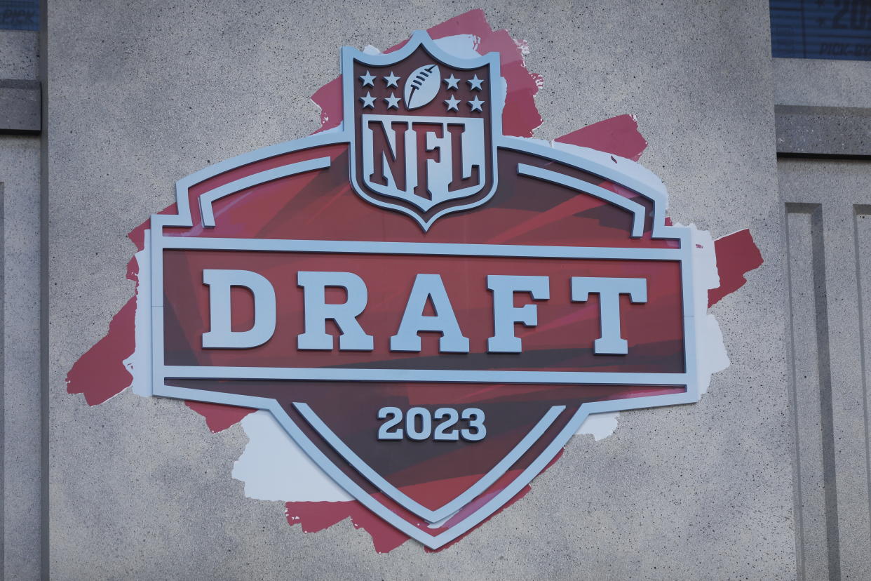 KANSAS CITY, MO - APRIL 29: A view of the logo during the 2023 NFL Draft at Union Station on April 29, 2023 in Kansas City, Missouri. (Photo by David Eulitt/Getty Images)
