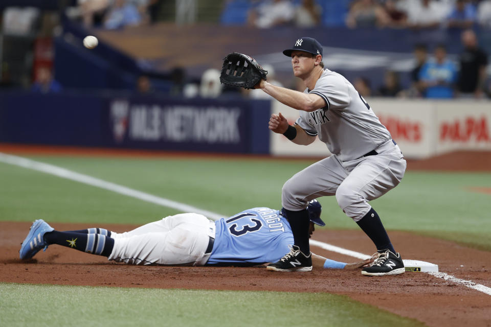 Tampa Bay Rays' Manuel Margot slides safely back to first on a pickoff attempt from New York Yankees pitcher Domingo German to first baseman DJ LeMahieu during the first inning of a baseball game Friday, Sept. 2, 2022, in St. Petersburg, Fla. (AP Photo/Scott Audette)
