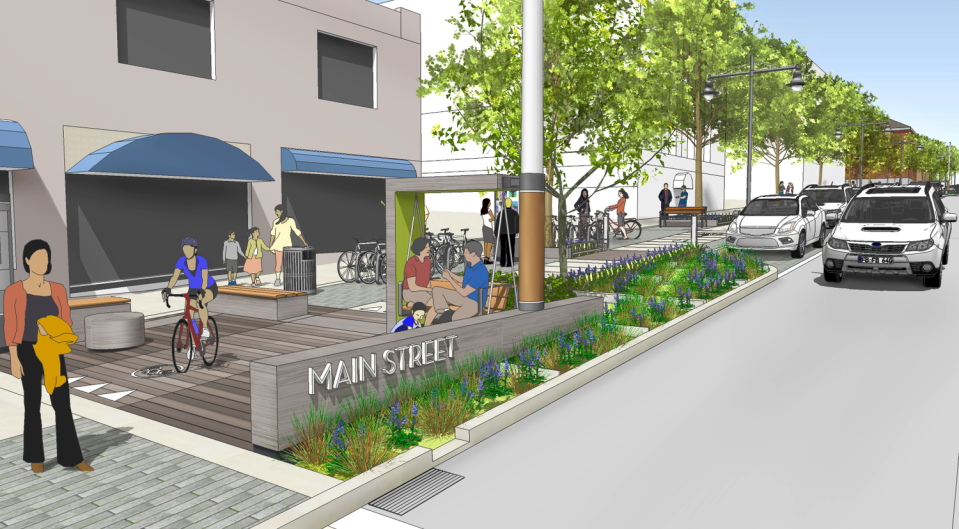 A rendering shows pedestrians on a swing in a resting area on Main Street. The city is gearing up to make Main Street more accessible to all modes of transportation if funds are allotted by voters.