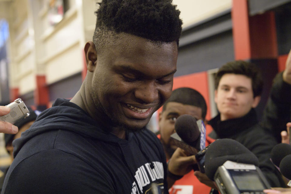 New Orleans Pelicans NBA basketball forward Zion Williamson talks to the media after practice at the Ochsner Sports Performance Center in Metairie, La., Tuesday, Jan. 21, 2020. (Max Becherer/The Advocate via AP)