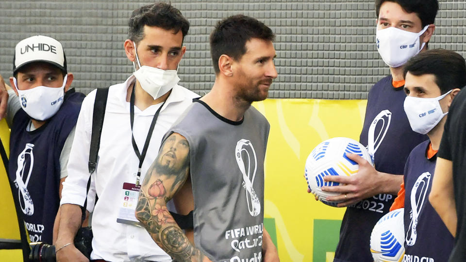 Lionel Messi, pictured here after Argentina's clash with Brazil was suspended.