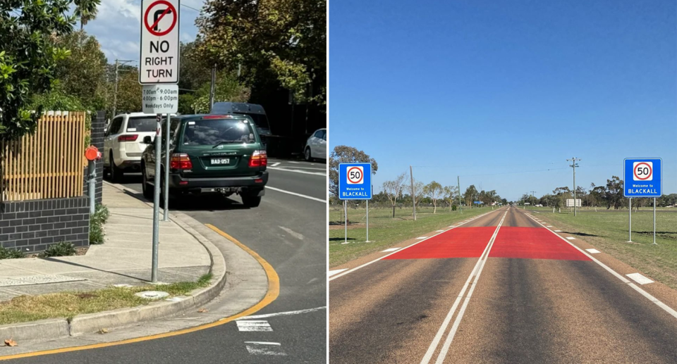 Painted yellow lines embraced by one Sydney council to deter parking (left) and the red section of road pictured to alert drivers to decelerate (right)