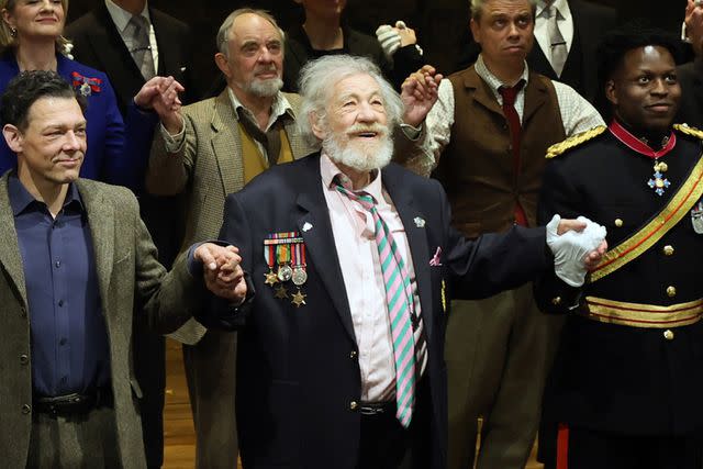 <p>Hoda Davaine/Dave Benett/Getty</p> (L-R) Richard Coyle, Ian McKellen and Toheeb Jimoh bow at the curtain call during the press night performance of "Player Kings" on April 11, 2024