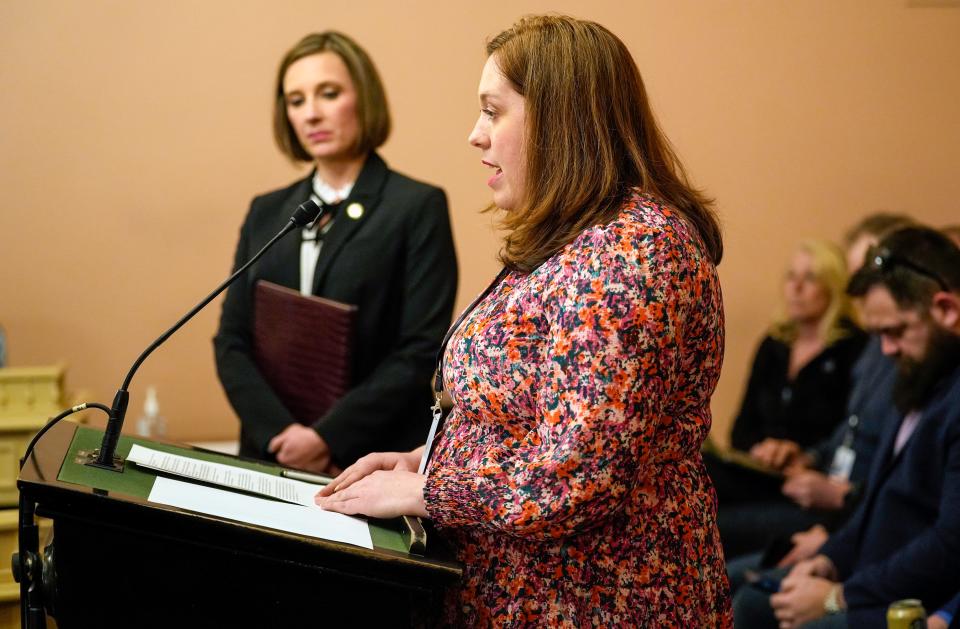 Mar 7, 2023; Columbus, OH, United States;  State Rep. Monica Robb Blasdel (left) of Columbiana County and State Rep. Lauren McNally of Youngstown speak in support of an act that would require companies transporting hazardous chemicals on rail lines to submit that information to the areas they are traveling through by rail.  Mandatory Credit: Brooke LaValley/Columbus Dispatch