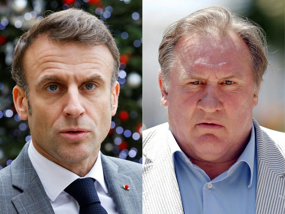 (COMBO) (FILES) This combination of pictures created on December 20, 2023 shows President Emmanuel Macron (L) at the Elysee Palace in Paris on Dec. 13, 2023, and French actor Gérard Depardieu on June 6, 2013 in Nice, southeastern France.