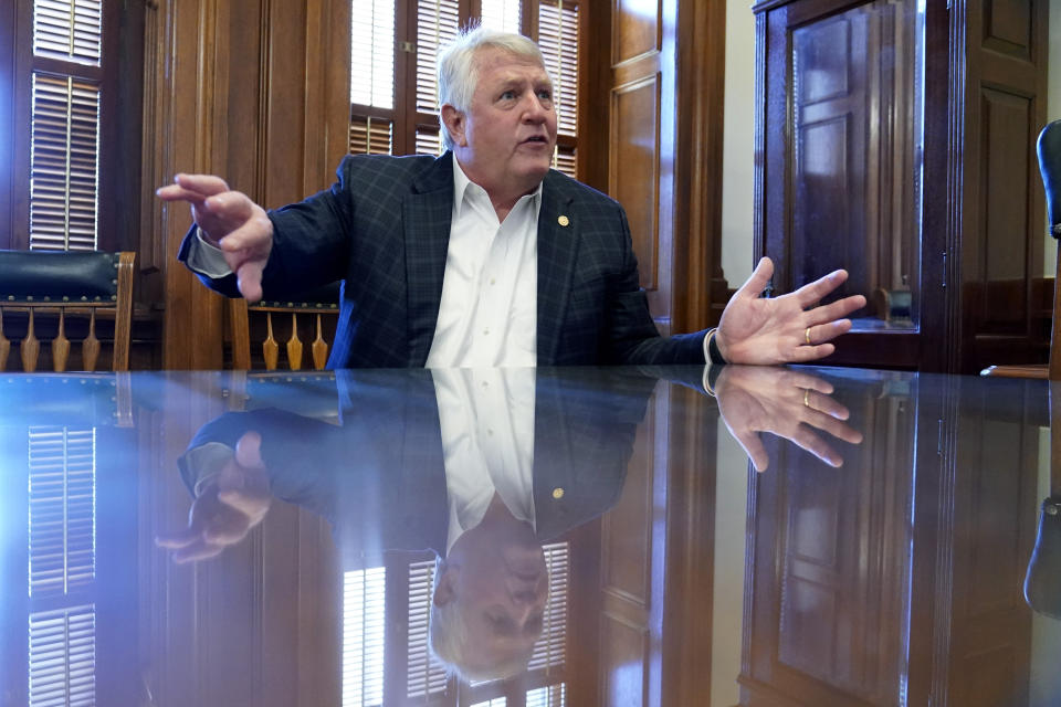 In this Thursday, Feb. 10, 2022, photo, Texas Secretary of State John B. Scott, talks about the upcoming election, in Austin, Texas. Scott was appointed by Gov. Greg Abbott in October and will oversee election administration in Texas. (AP Photo/Eric Gay)