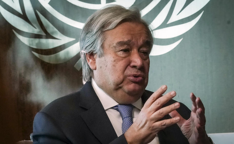 United Nations Secretary-General António Guterres speaks during an interview, Wednesday Oct. 21, 2020, at U.N. headquarters. (AP Photo/Bebeto Matthews)