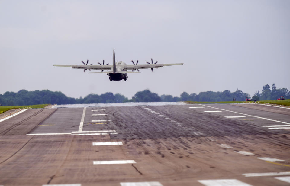 A Hercules C-130 Plane takes off at RAF Brize Norton in Oxfordshire. British troops are racing against the clock to get remaining UK nationals and their local allies out of Afghanistan following the dramatic fall of the country's Western-backed government to the Taliban. Picture date: Monday August 16, 2021.