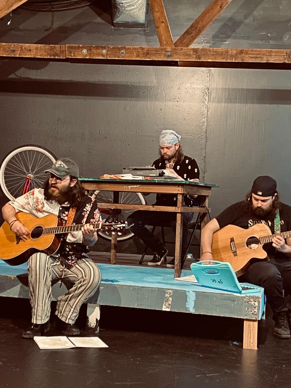 The Cape Rep Theatre's upcoming production of "Archibald Avery" is a new take on musical theater. It all began with poetry and a desire by the three playwrights/musicians to portray the world "sonically." Shown in a rehearsal shot, left to right, Macklin, Seamus and Paddo Devine.
