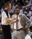 Boston Celtics' head coach Doc Rivers reacts as he is called for a technical foul by official Ed Malloy during the first half of Game 1 in their NBA basketball Eastern Conference finals playoffs series against the Miami Heat, Monday May, 28, 2012, in Miami. (AP Photo/Lynne Sladky)