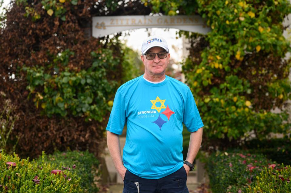 Alan Hausman, president of the Tree of Life Board of Trustees, stands near the Zittrain Garden at the Tree of Life synagogue on Wednesday, Oct. 25, 2023 in PittsburghÕs Squirrel Hill Neighborhood.