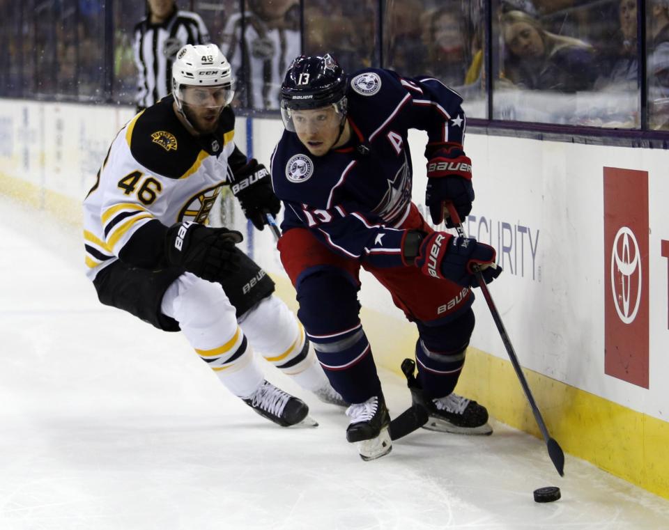 <p>
              Columbus Blue Jackets forward Cam Atkinson, right, works against Boston Bruins forward David Krejci, of the Czech Republic, during the first period of an NHL hockey game in Columbus, Ohio, Tuesday, March 12, 2019. (AP Photo/Paul Vernon)
            </p>