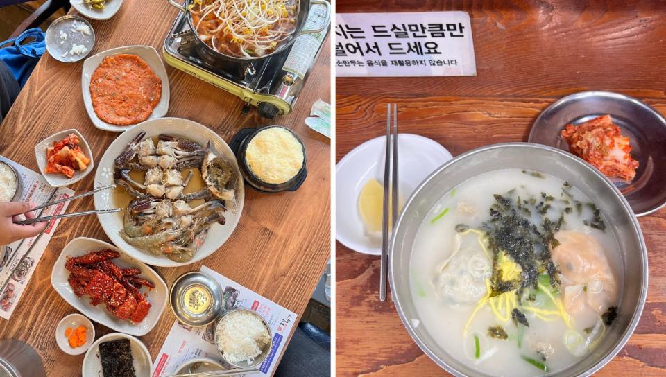 L: Ganjang Gejang (raw marinated crab) R: Dumplings in ox bone broth (Photo: Stephanie Zheng)