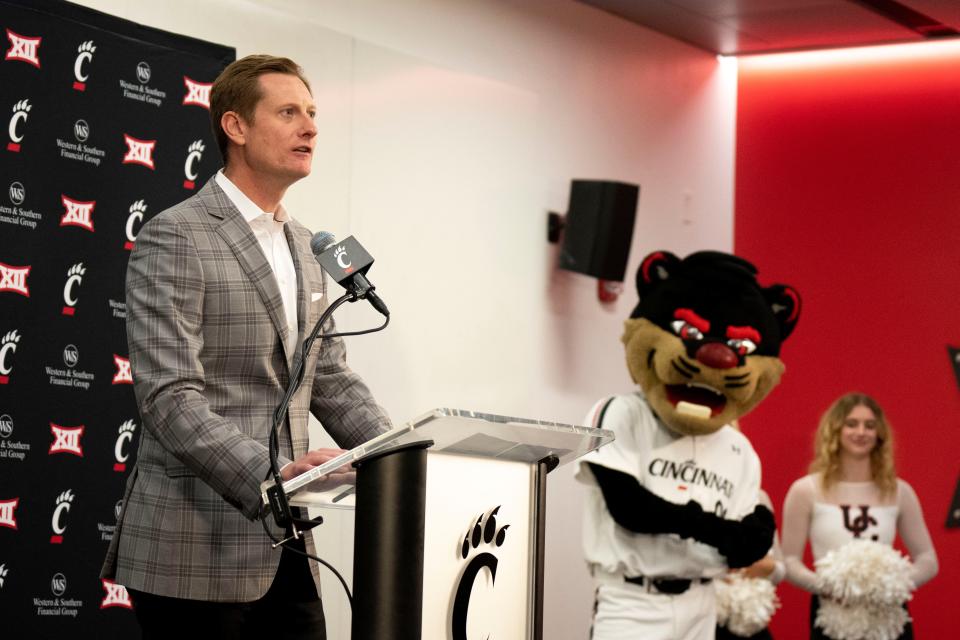 Cincinnati Bearcats athletic director John Cunningham speaks during a press conference at the Lindner Center in Cincinnati on Wednesday, June 21, 2023. 