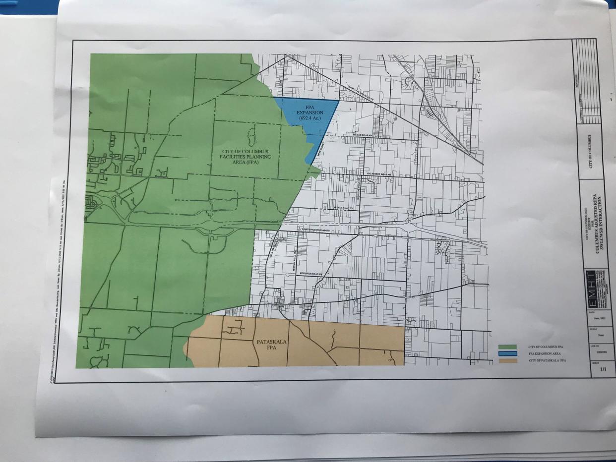 The blue area shows where Columbus water and sewer service plans to expand to serve the Intel Corporation facility. The green area is the Columbus service area and the brown area is the Pataskala service area.