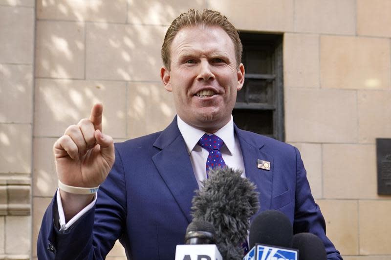 In this April 28, 2021 file photo, Andrew Giuliani, son of former New York Mayor Rudy Giuliani, speaks to reporters outside the building where his father lives, in New York. (AP Photo/Mary Altaffer, File)