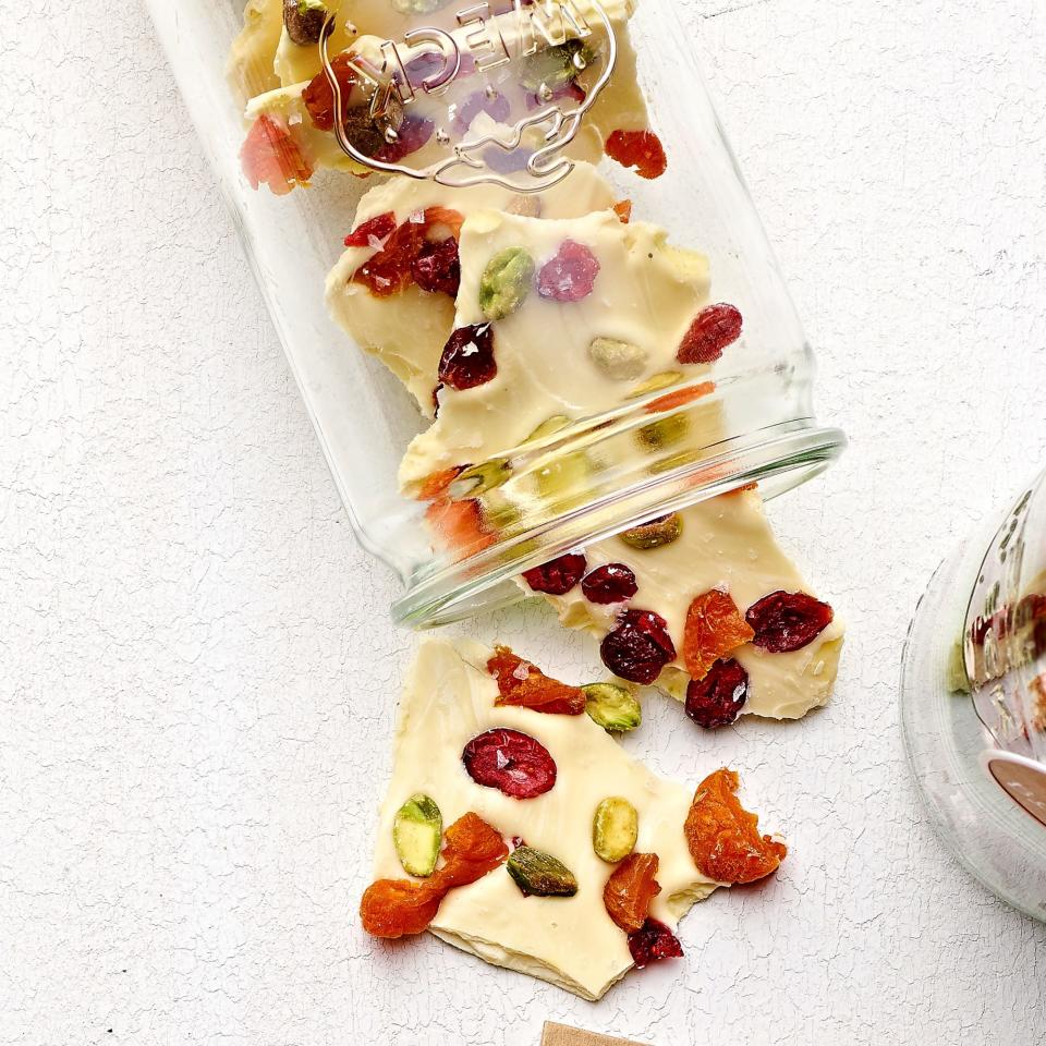 White Chocolate, Pistachio, and Apricot Bark