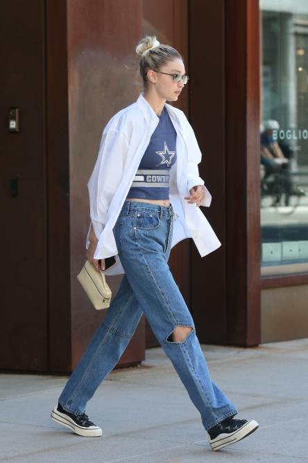 Gigi Hadid Has a Skater-Chic Moment in a Crop Top, Wide-Leg Pants and Black  Converse High-Top Sneakers