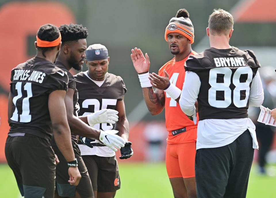 Browns quarterback Deshaun Watson calls a play with the offense during organized team activities in Berea, May 25, 2022.