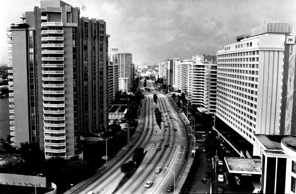 Collins Avenue’s “concrete canyon,” looking north from the 5300 block. Collins Avenue in 1984.