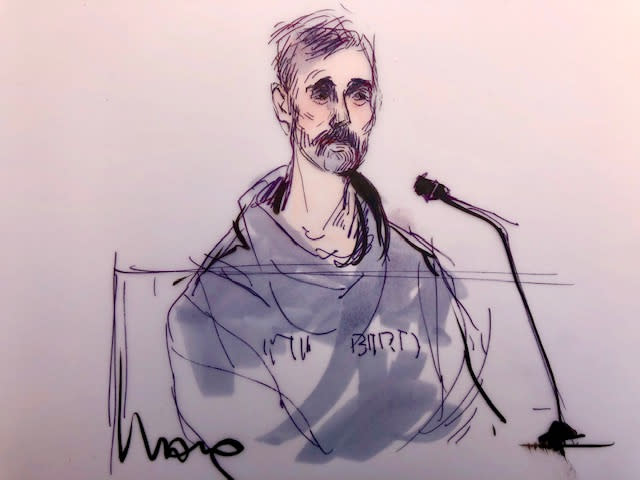Loughlin’s husband, Mossimo Giannulli, was also arrested on Tuesday and was sketched by Edwards. (Image: Mona Shafer Edwards /Reuters)