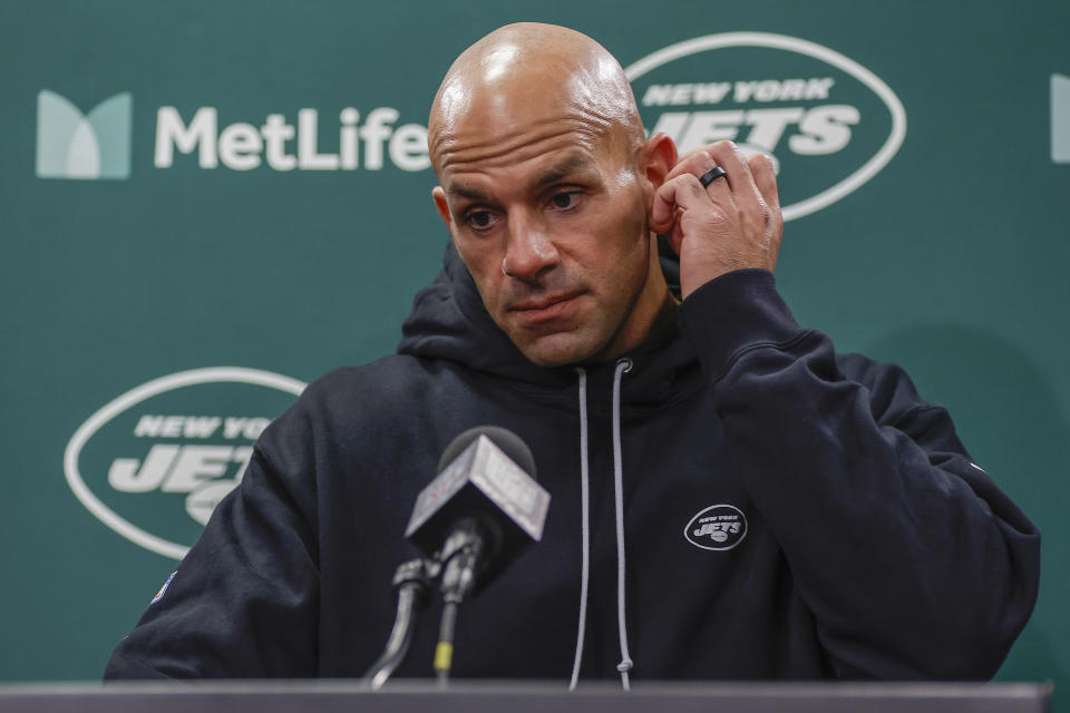 New York Jets head coach Robert Saleh answers questions during a news conference after an NFL football game against the Miami Dolphins, Friday, Nov. 24, 2023, in East Rutherford, N.J. (AP Photo/Adam Hunger)