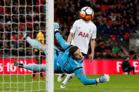 Soccer Football - FA Cup Fourth Round Replay - Tottenham Hotspur vs Newport County - Wembley Stadium, London, Britain - February 7, 2018 Tottenham’s Fernando Llorente heads wide as Newport County's Joe Day looks on Action Images via Reuters/Peter Cziborra