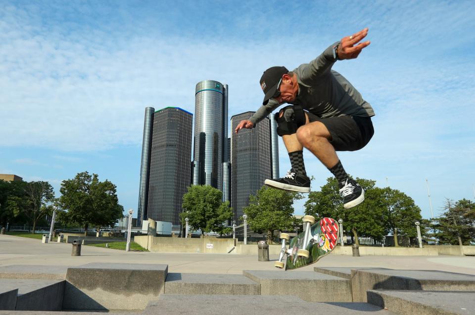 Modern Skate and Surf's Extreme Team  member Mike Mozola, of Lapeer, skates at Hart Plaza on Wednesday, July 19, 2023. 