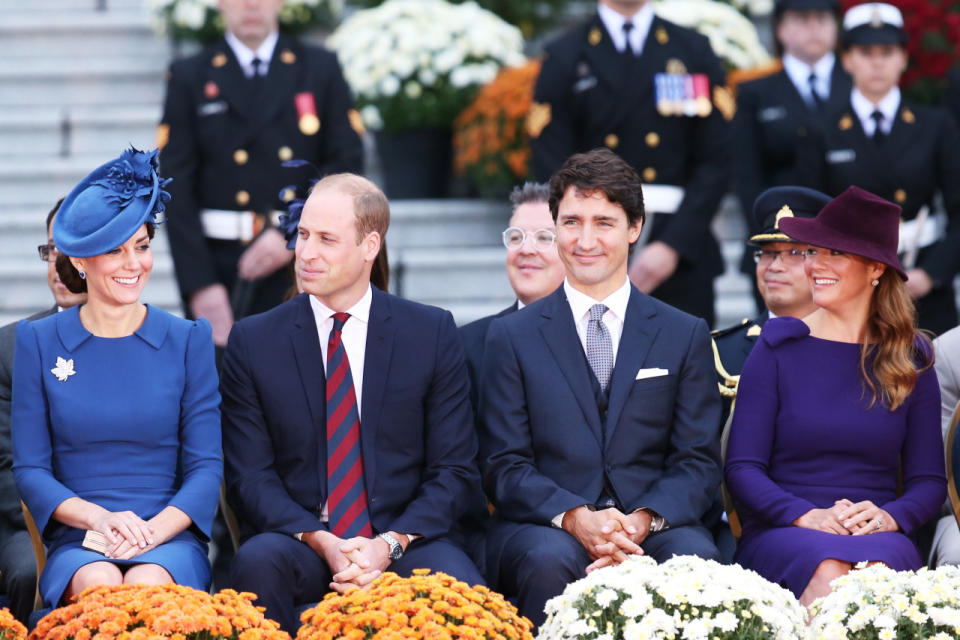 The Duchess of Cambridge, Duke of Cambridge, Prime Minister of Canada Justin Trudeau and his wife Sophie Gregoire-Trudeau attend an official welcome ceremony at the Legislative Assembly of British Columbia at Victoria International Airport on September 24, 2016 in Victoria, Canada. 