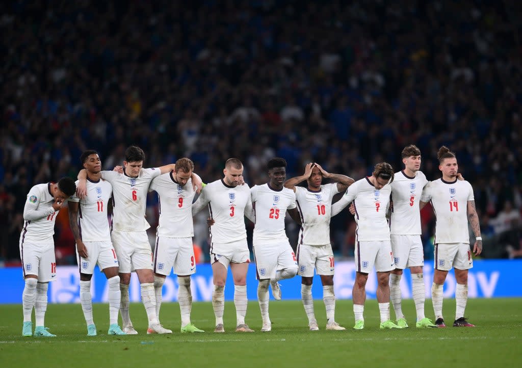 The England team look on during the agonising penalty shoot-out defeat to Italy at the Euros    (Getty Images)