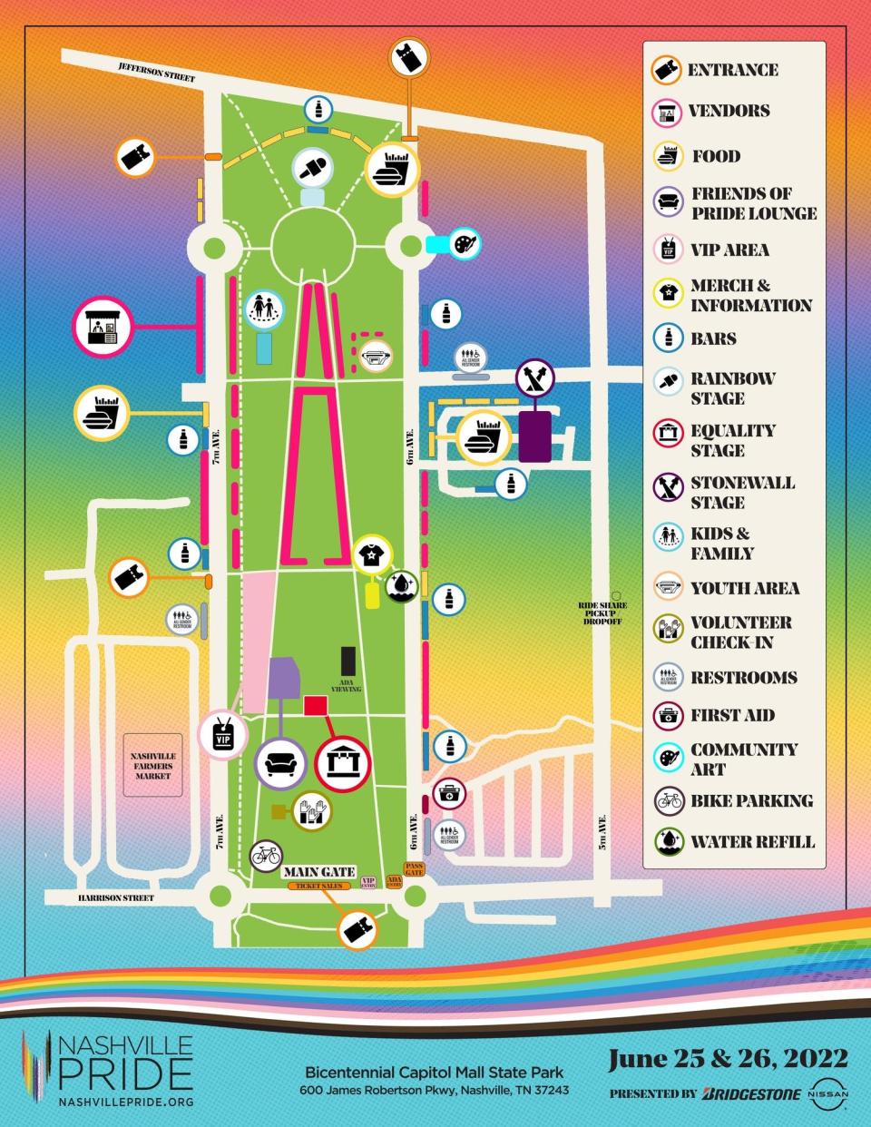 The Nashville Pride festival map shows the three stages, main gates and where to buy food and drinks.