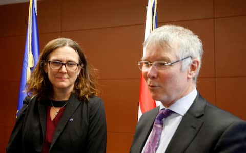 European Union Trade Commissioner Cecilia Malmstrom, left, meets with New Zealand Trade Minister David Parker  - Credit: AP